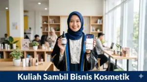 Mahasiswi berhijab memegang produk kosmetik adev sambil mengenakan toga wisuda, menggambarkan kuliah sambil bisnis kosmetik