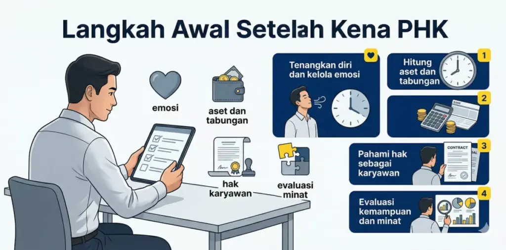 Infografis langkah awal setelah kena PHK: tenangkan diri, hitung aset, pahami hak karyawan, dan evaluasi kemampuan