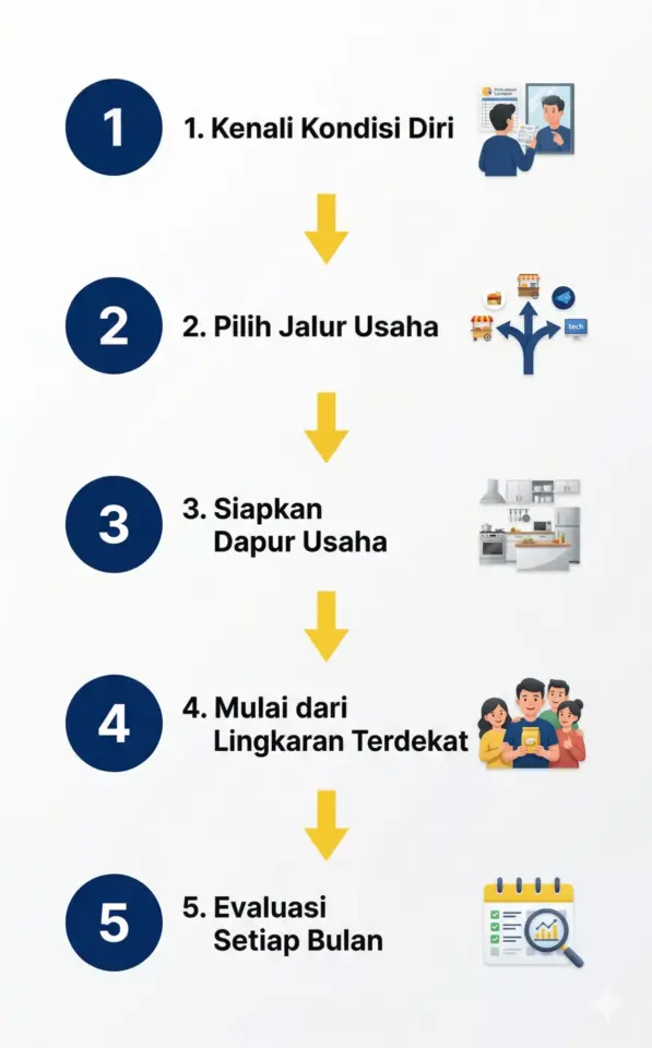 infografis 5 langkah cara ibu rumah tangga menghasilkan uang dari kenali diri hingga evaluasi bulanan