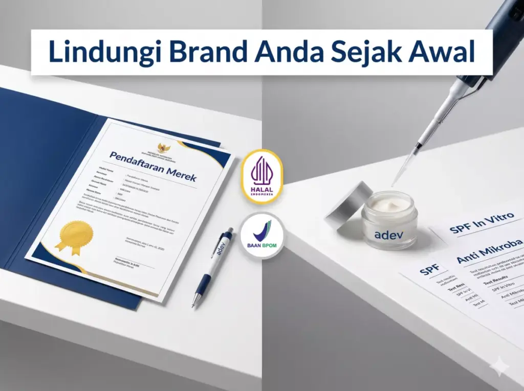 Dokumen pendaftaran merek dan uji lab kosmetik adev dengan sertifikasi HALAL dan BPOM untuk brand skincare mahasiswa