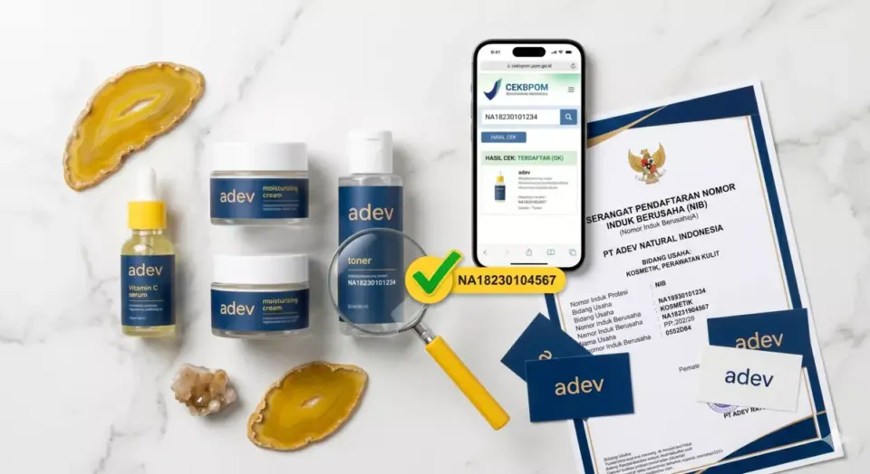 Produk skincare adev dengan notifikasi BPOM, dokumen NIB, dan pengecekan legalitas sebelum berjualan di arisan