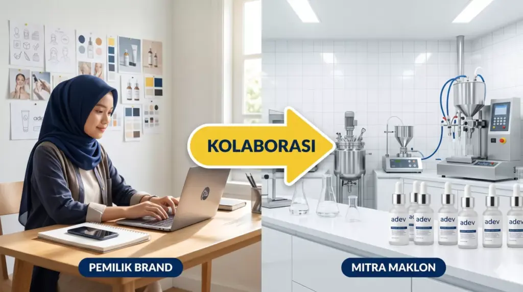 	Konsep maklon kosmetik: mahasiswi sebagai pemilik brand di satu sisi, laboratorium produksi adev di sisi lain, dihubungkan kolaborasi