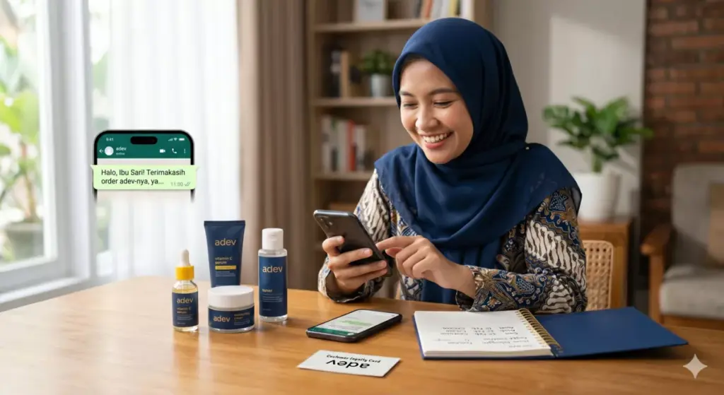 Penjual skincare berhijab mengirim pesan follow-up personal ke pelanggan arisan untuk membangun repeat order