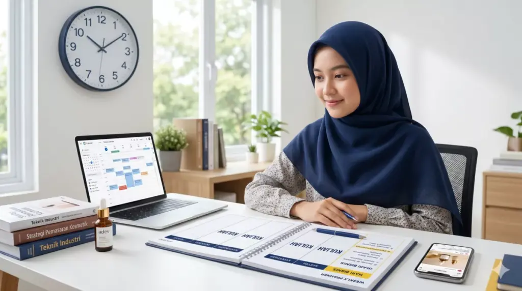 Mahasiswi berhijab mengatur jadwal kuliah dan bisnis kosmetik dengan planner dan Google Calendar di meja belajar yang rapi