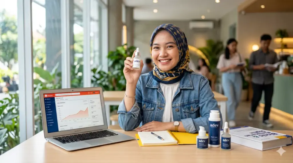 Mahasiswi berhijab merintis bisnis skincare sambil kuliah, memegang produk serum brand adev