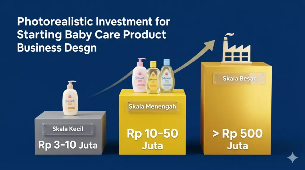 Infografis modal bisnis produk perawatan bayi tiga skala: Rp 3–10 juta, Rp 10–50 juta, dan di atas Rp 500 juta