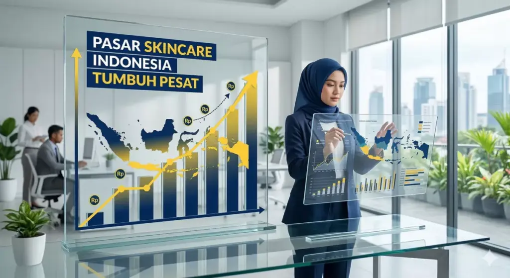 Infografis pertumbuhan pasar skincare Indonesia dengan grafik naik dan ikon rupiah yang menunjukkan peluang besar bagi pengusaha skincare.