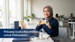 Mahasiswi berhijab memegang produk sabun lokal adev sambil bekerja di laptop, memulai peluang usaha kecantikan