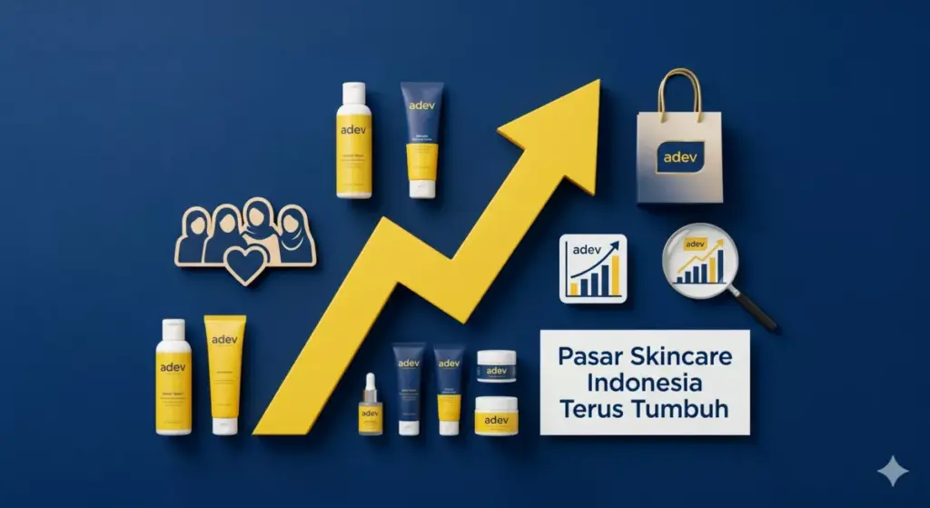 Infografis peluang usaha jualan skincare di arisan dengan indikator pertumbuhan pasar kecantikan Indonesia