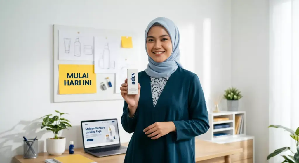 Perempuan muda berhijab memulai bisnis skincare dari rumah dengan produk adev sebagai cara membantu ekonomi keluarga