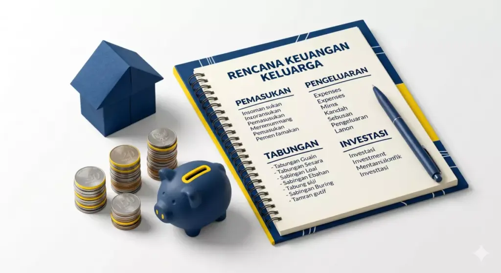 Ilustrasi pengertian ekonomi keluarga meliputi pemasukan, pengeluaran, tabungan, dan investasi