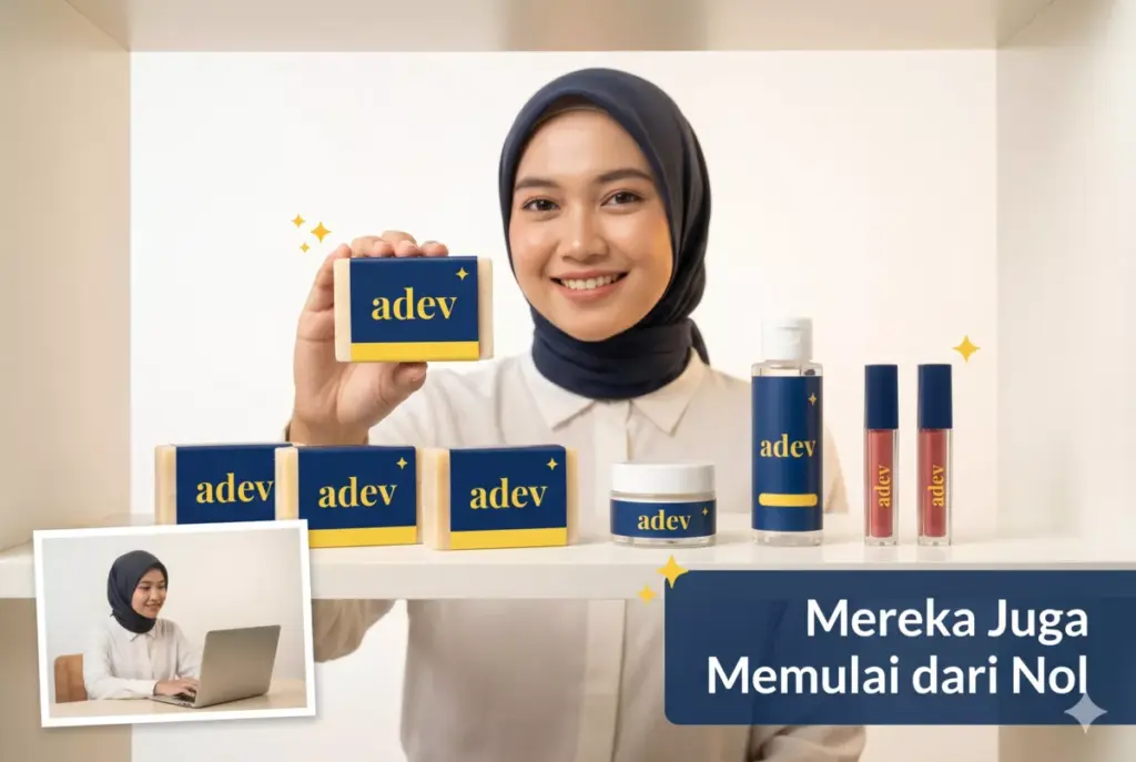 Pengusaha perempuan Indonesia berhijab menampilkan lini produk skincare berlabel adev sebagai inspirasi bisnis kecantikan dari nol