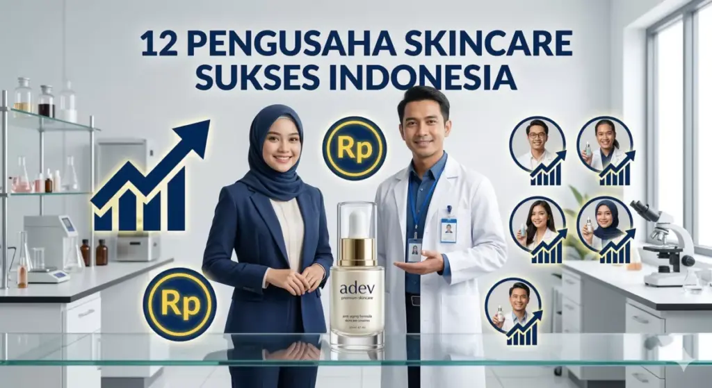 Infografis 12 pengusaha skincare sukses Indonesia yang memulai bisnis dari modal minim di laboratorium modern.