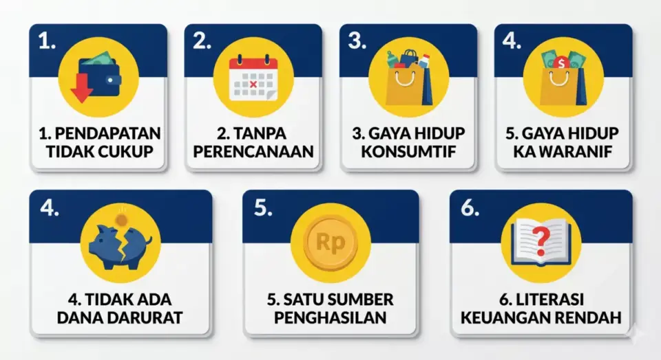 Infografis 6 penyebab ekonomi keluarga terasa sulit: pendapatan tidak cukup, tanpa perencanaan, gaya hidup konsumtif