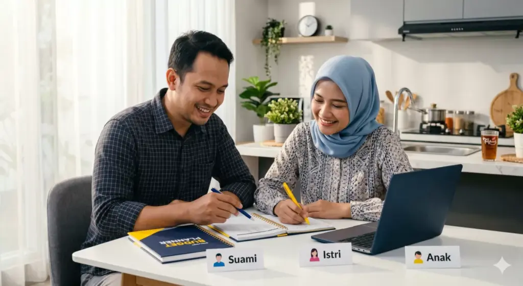 Suami dan istri berhijab berdiskusi bersama merencanakan keuangan keluarga di meja dapur