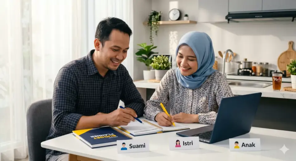 Suami dan istri berhijab berdiskusi bersama merencanakan keuangan keluarga di meja dapur