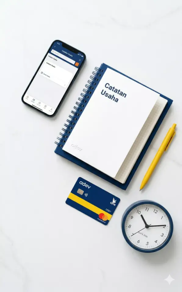 flat lay perlengkapan usaha ibu rumah tangga selain hp: rekening, catatan keuangan, dan waktu konsisten