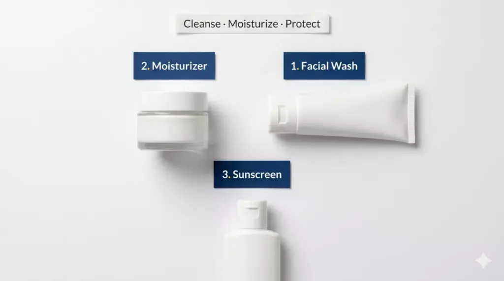 Tiga produk skincare wajib untuk budget terbatas: facial wash, moisturizer, dan sunscreen di atas latar putih bersih