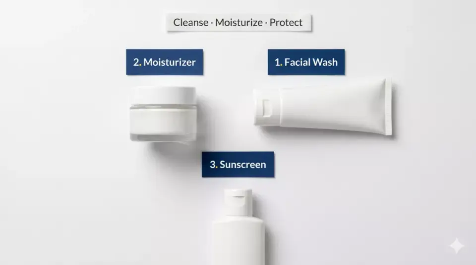 Tiga produk skincare wajib untuk budget terbatas: facial wash, moisturizer, dan sunscreen di atas latar putih bersih