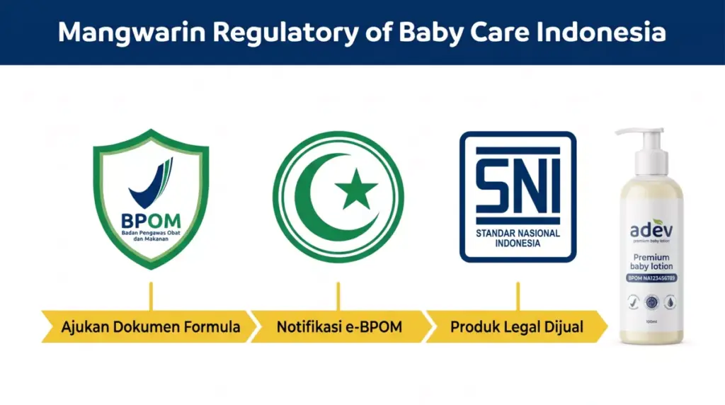 Infografis regulasi wajib bisnis produk perawatan bayi: sertifikasi BPOM, halal, dan SNI di Indonesia
