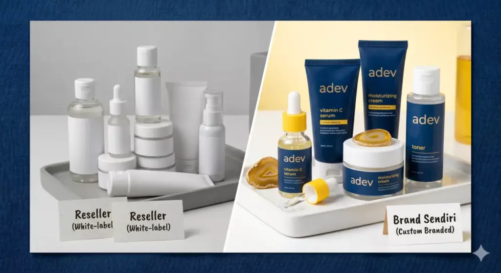 Perbandingan visual reseller skincare vs punya brand sendiri lewat jasa maklon seperti adev natural indonesia