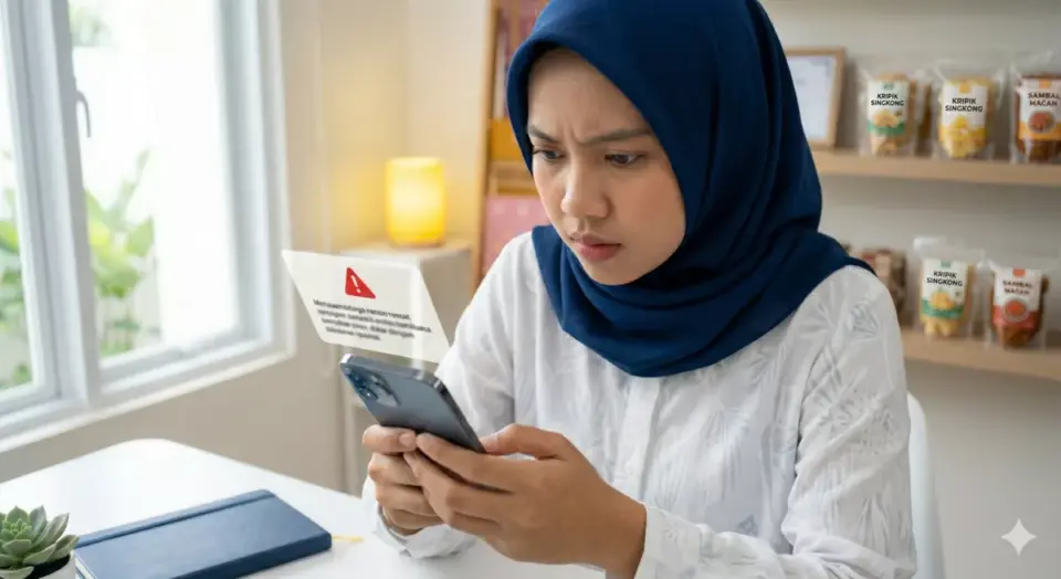 Ibu rumah tangga berhijab mewaspadai pesan mencurigakan di HP, waspada penipuan berkedok usaha modal kecil untung besar