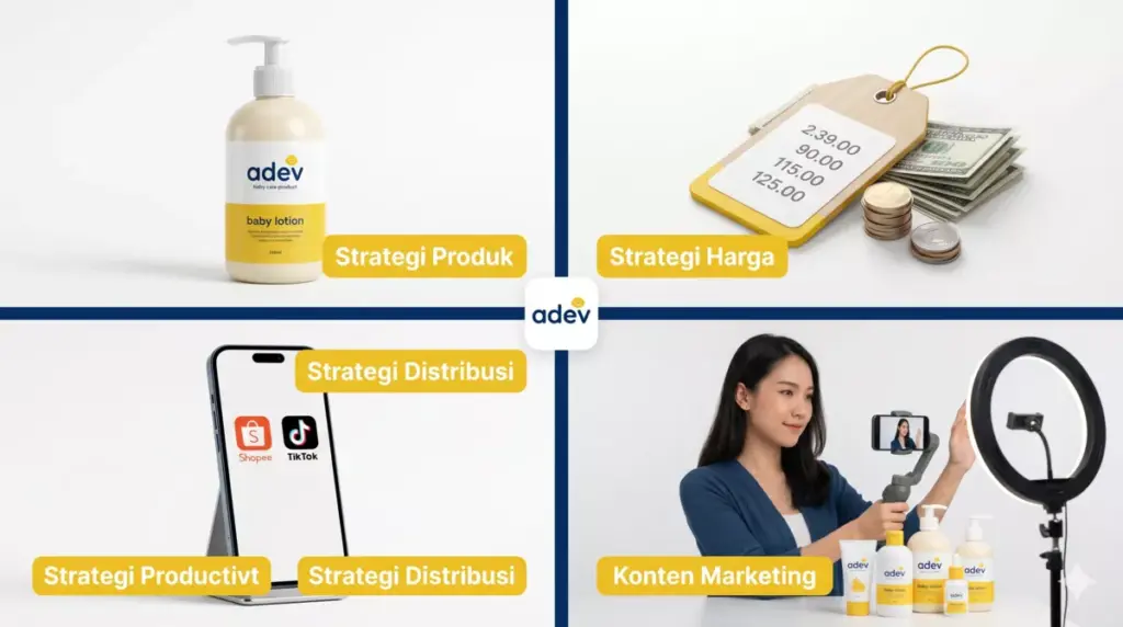 Infografis 4 strategi bisnis produk perawatan bayi: strategi produk, harga, distribusi marketplace, dan konten marketing