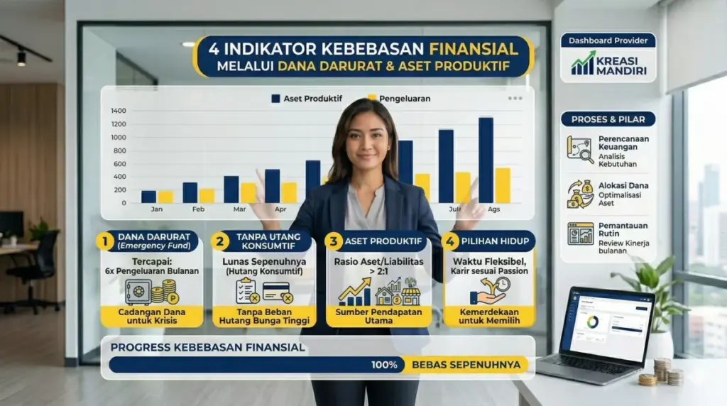 Tanda kebebasan finansial seperti dana darurat, aset produktif, dan tanpa utang konsumtif