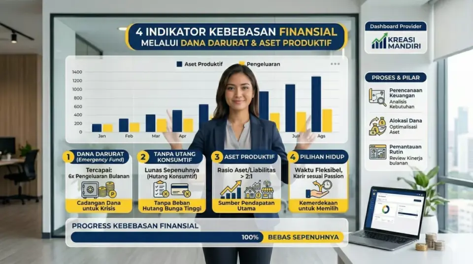 Tanda kebebasan finansial seperti dana darurat, aset produktif, dan tanpa utang konsumtif Tanda kebebasan finansial seperti dana darurat, aset produktif, dan tanpa utang konsumtif