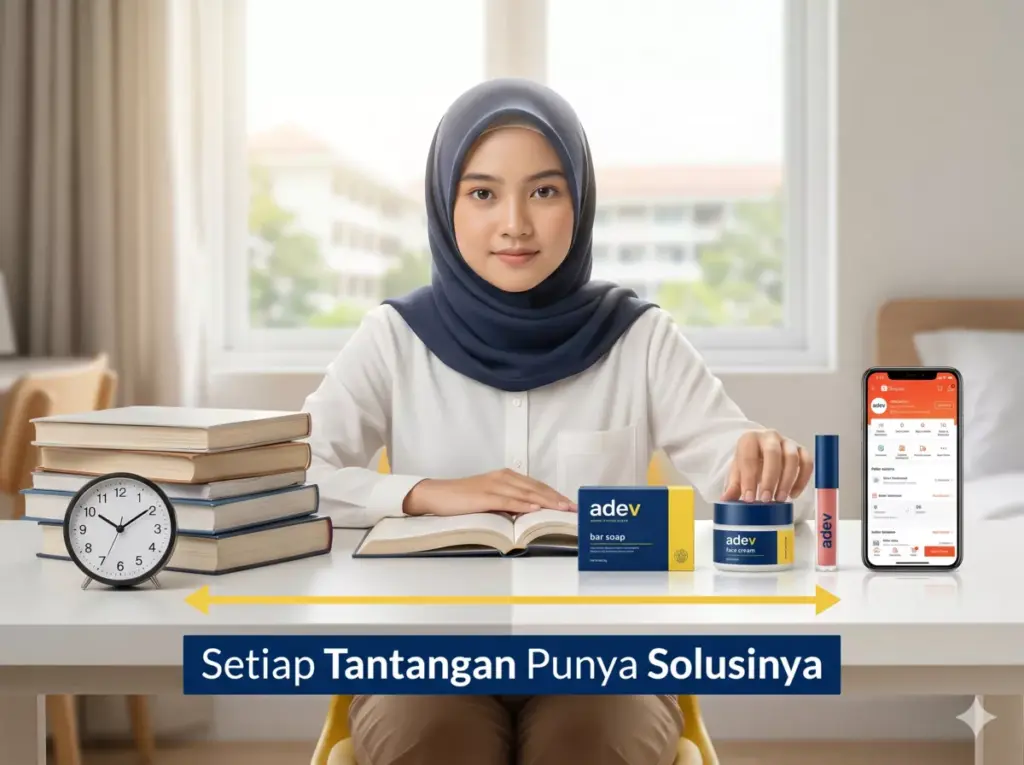 Mahasiswi berhijab menghadapi tantangan waktu dan modal sambil menata produk skincare adev sebagai solusi bisnis