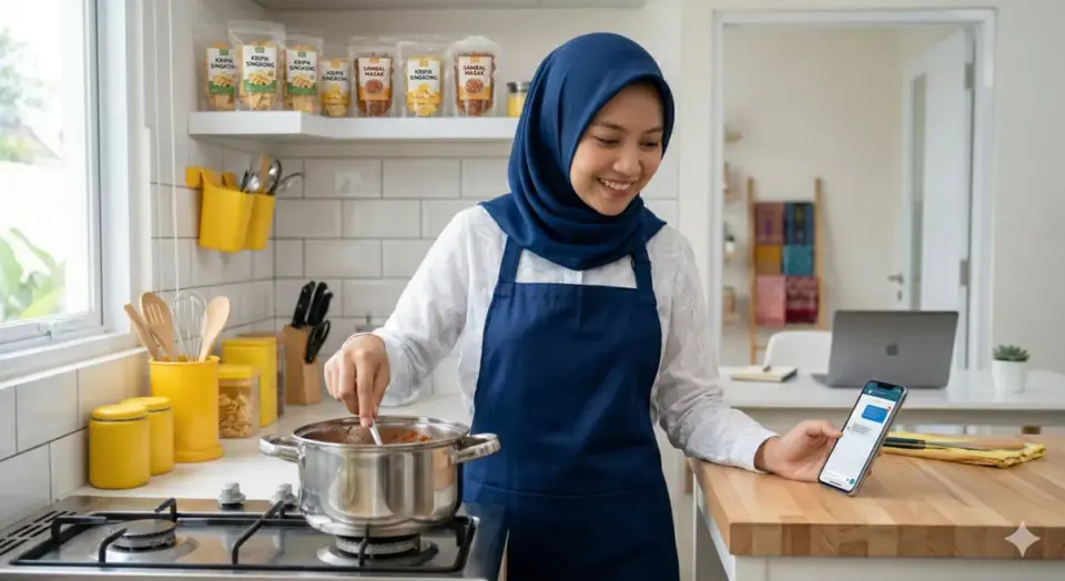Ibu rumah tangga berhijab multitasking memasak sambil memantau usaha kecil dari rumah via smartphone