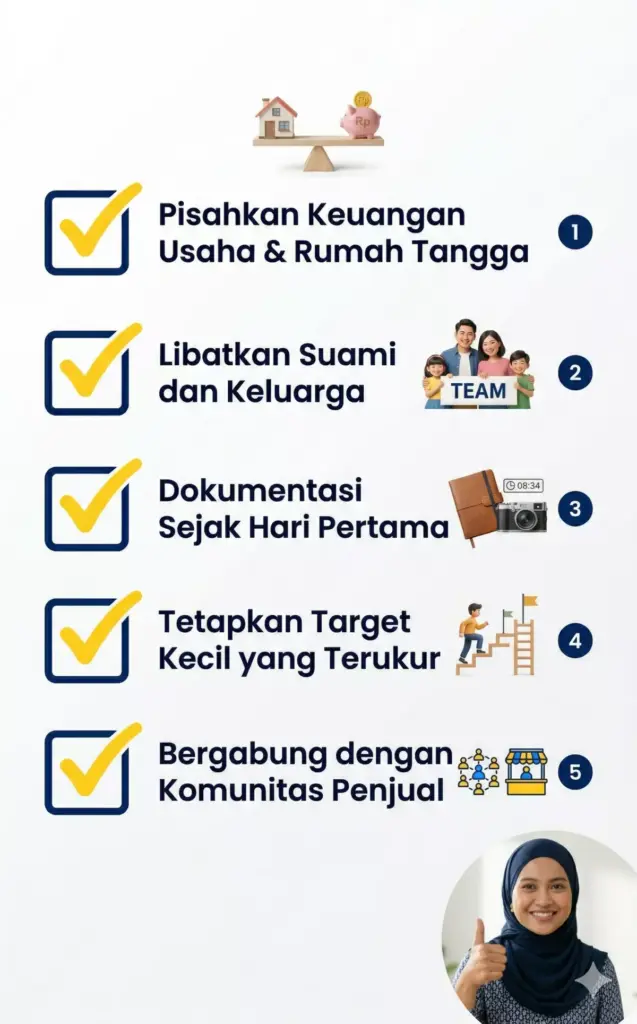 infografis 5 tips agar usaha ibu rumah tangga tidak berhenti di tengah jalan dan tetap konsisten berkembang