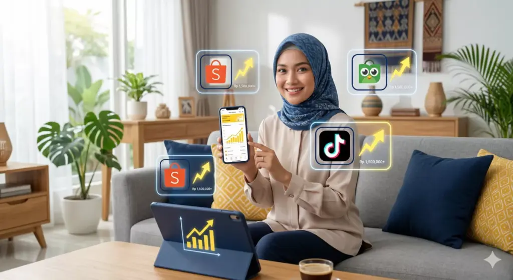 Ibu rumah tangga berhijab memantau tren usaha online 2026 lewat smartphone dan platform e-commerce Indonesia