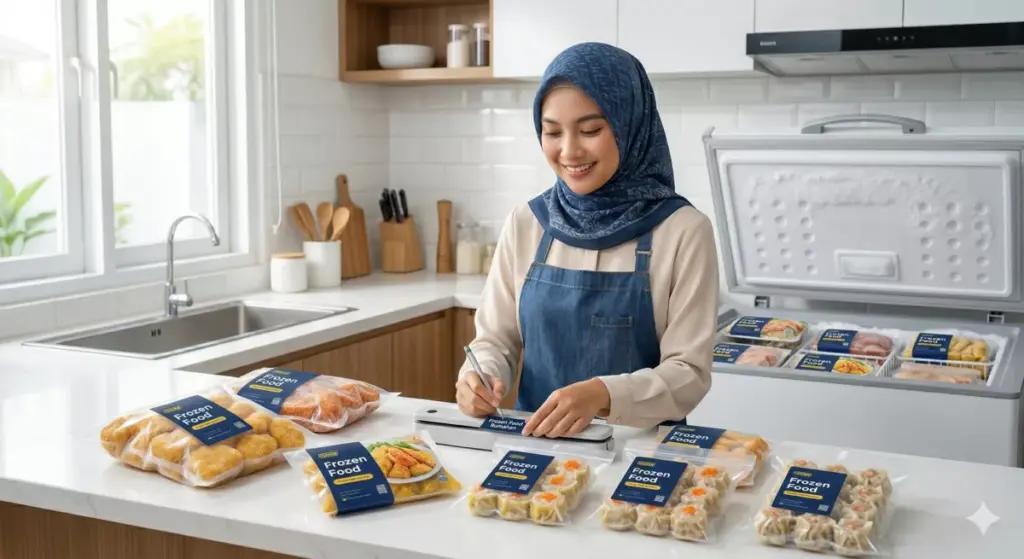 Ibu rumah tangga berhijab mengemas produk frozen food rumahan nugget dan siomay dengan label produk sendiri