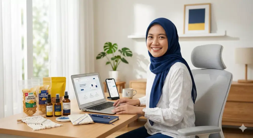 Ibu rumah tangga berhijab menjalankan usaha modal kecil untung besar dari rumah dengan laptop dan produk UMKM