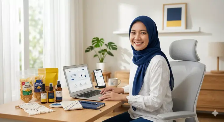 Ibu rumah tangga berhijab menjalankan usaha modal kecil untung besar dari rumah dengan laptop dan produk UMKM