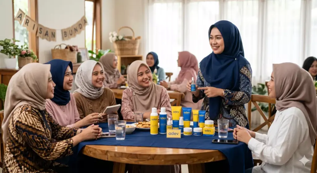 Perempuan berhijab menawarkan produk skincare adev kepada anggota arisan Indonesia