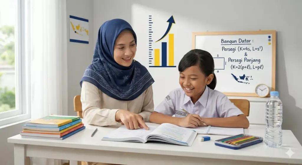 Ibu rumah tangga berhijab memberi les privat kepada anak di ruang belajar rumah yang bersih dan terang