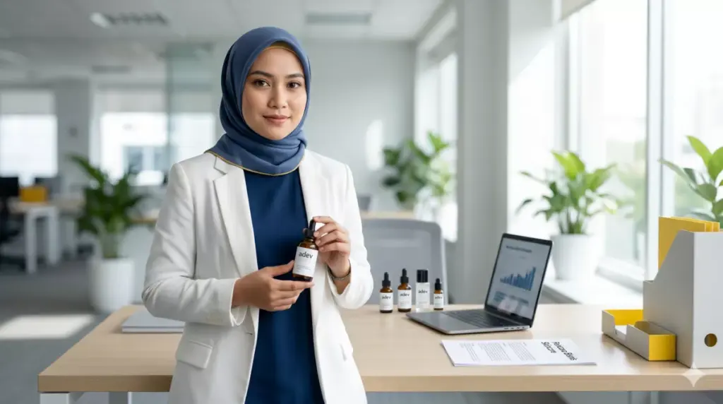 Wanita berhijab percaya diri memegang produk skincare brand sendiri di meja kerja modern sebagai pebisnis skincare maklon