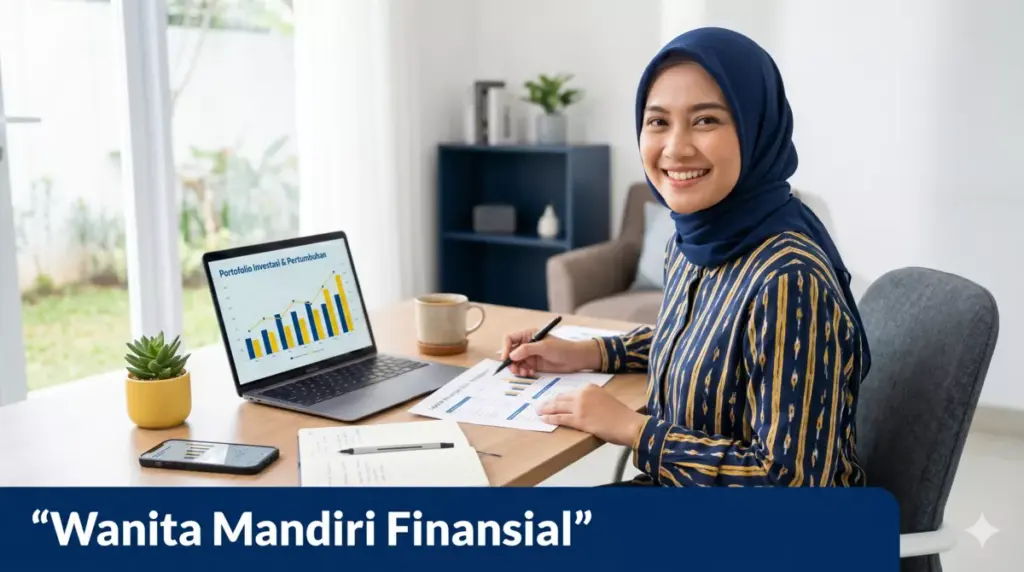 Wanita Indonesia berhijab mengelola keuangan mandiri di meja kerja modern