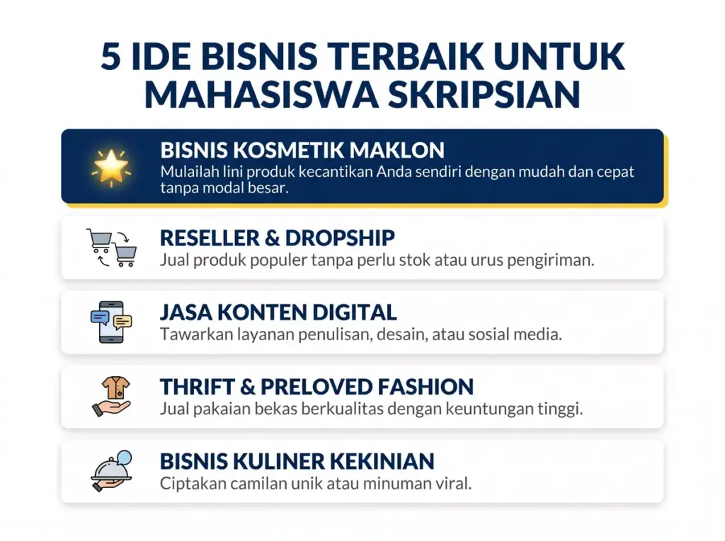 Infografis 5 ide bisnis terbaik untuk mahasiswa tingkat akhir, termasuk bisnis kosmetik maklon sebagai pilihan utama