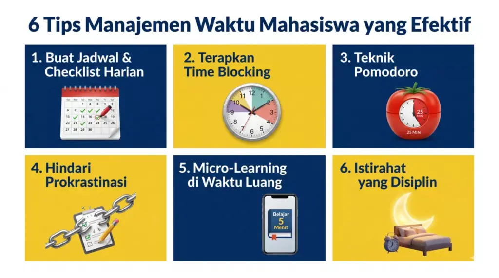 Infografis 6 tips manajemen waktu mahasiswa efektif: jadwal harian, time blocking, Pomodoro, anti prokrastinasi, micro-learning, dan istirahat disiplin