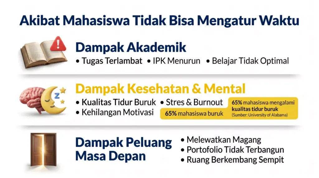 Infografis tiga dampak buruk mahasiswa tidak bisa mengatur waktu: akademik menurun, kesehatan terganggu, dan peluang masa depan terlewat