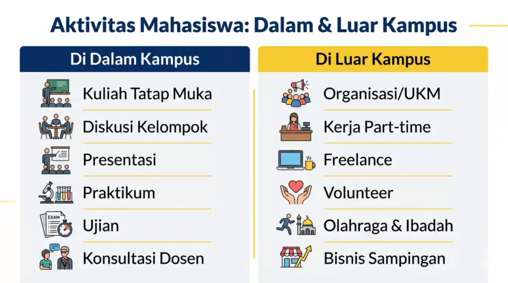Infografis aktivitas mahasiswa di dalam kampus seperti kuliah dan ujian, serta di luar kampus seperti organisasi dan kerja part-time