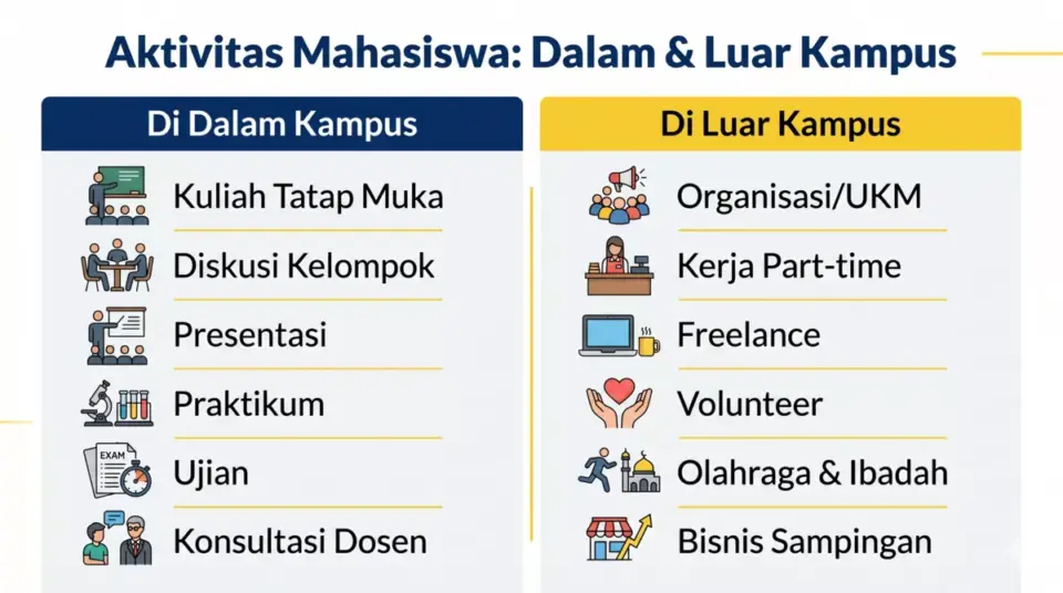 Infografis aktivitas mahasiswa di dalam kampus seperti kuliah dan ujian, serta di luar kampus seperti organisasi dan kerja part-time