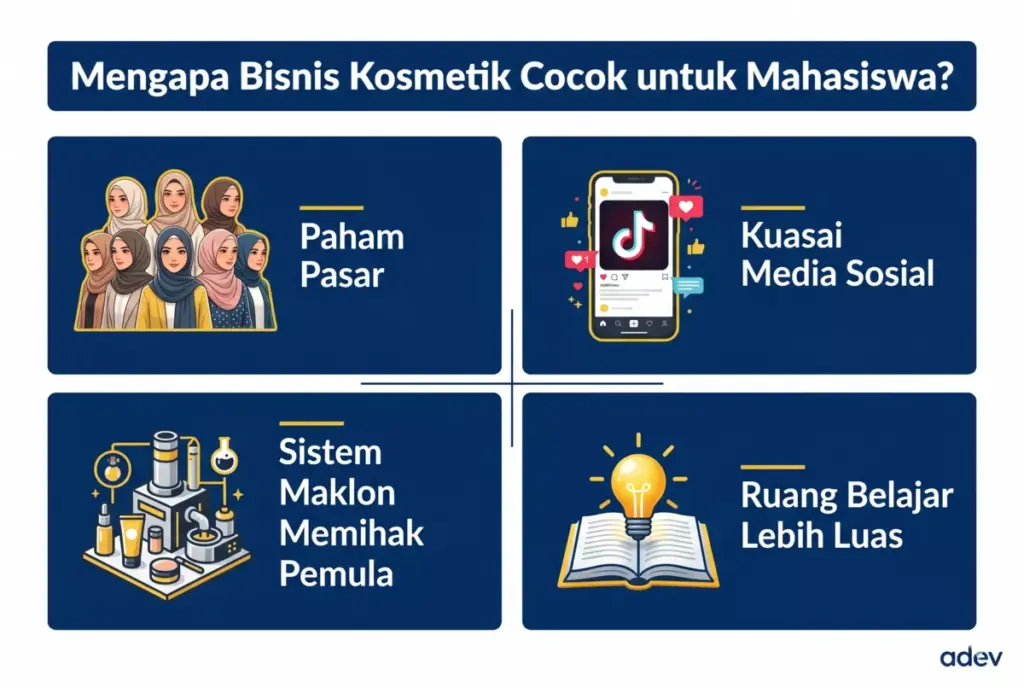 Infografis 4 alasan bisnis kosmetik cocok untuk mahasiswa — paham pasar, media sosial, sistem maklon, dan ruang belajar