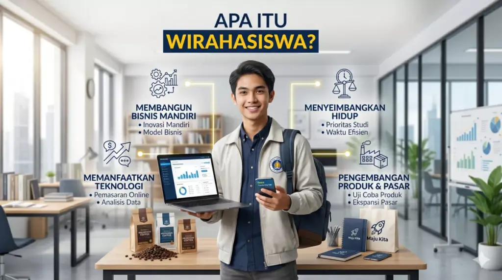 Ilustrasi mahasiswa entrepreneur menjalankan bisnis aktif sambil kuliah.