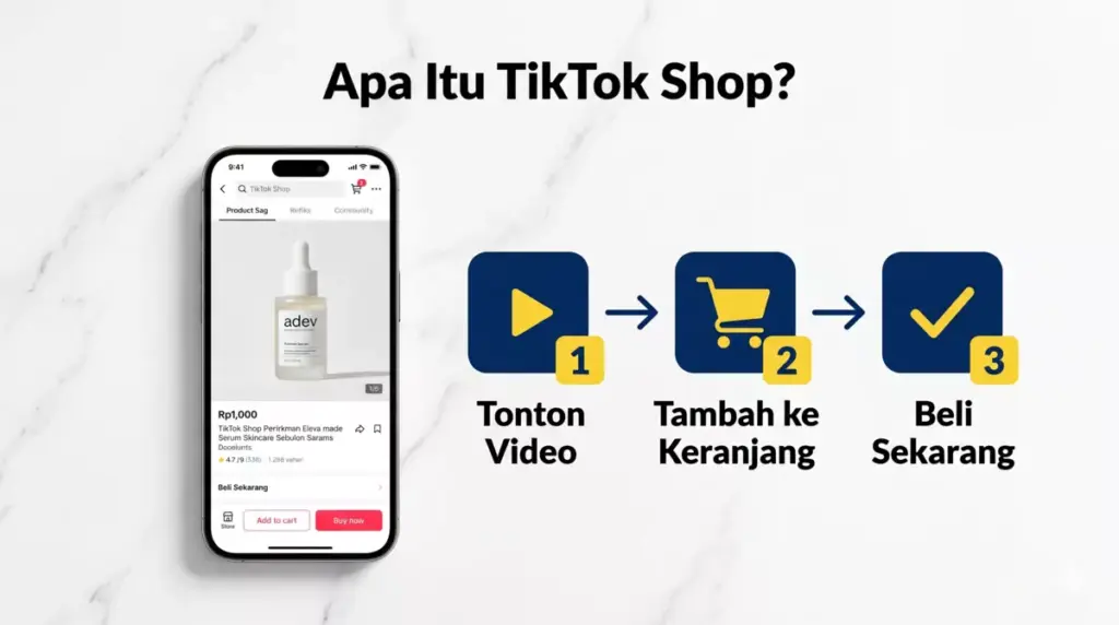 Infografis cara kerja TikTok Shop: tonton video, tambah ke keranjang, beli sekarang dalam satu aplikasi
