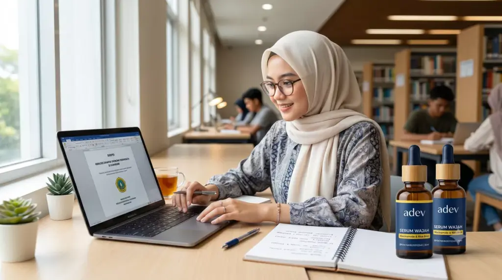Mahasiswi berhijab mengerjakan skripsi sambil mengelola bisnis skincare brand sendiri di meja belajar