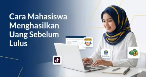 Mahasiswa perempuan berhijab bekerja dengan laptop sebagai freelancer untuk menghasilkan uang tambahan